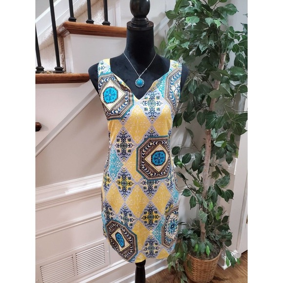 Fab'rik Womens Multi Floral Polyester Sleeveless V Neck Knee Length Dress Small - Picture 1 of 13